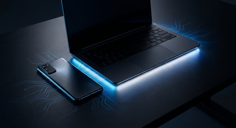 A premium smartphone and laptop on a dark minimalist desk illuminated by cool blue light with glowing circuit reflections, evoking AI-enhanced consumer technology.