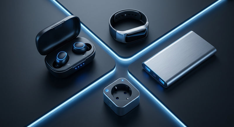 A stylish flat lay of budget-friendly tech gadgets including wireless earbuds, a fitness tracker, a power bank, and a smart plug arranged on a dark surface with cool blue accent lighting.