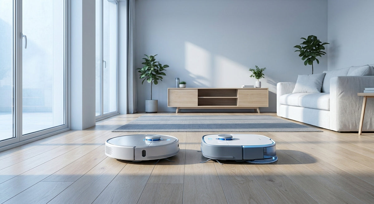 Two sleek robot cleaning devices positioned face-to-face on a polished light oak floor in a minimalist Nordic living room.