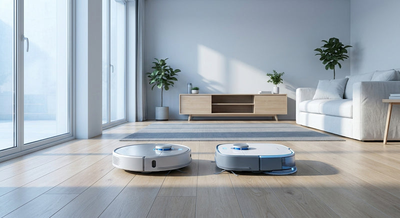 Two sleek robot cleaning devices positioned face-to-face on a polished light oak floor in a minimalist Nordic living room.