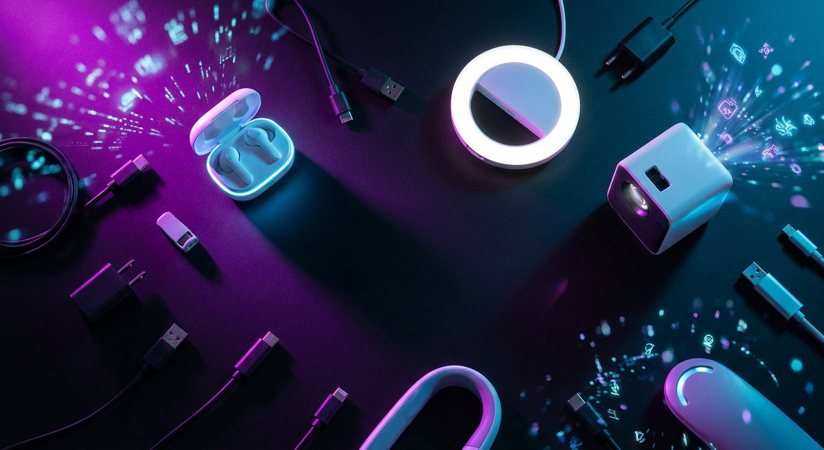A dramatic flat-lay of trending consumer tech gadgets illuminated by neon purple and blue accent lighting on a dark matte surface.