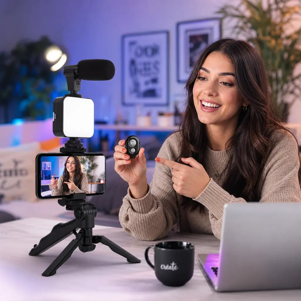 Vlogging Kit with Tripod, Microphone & LED